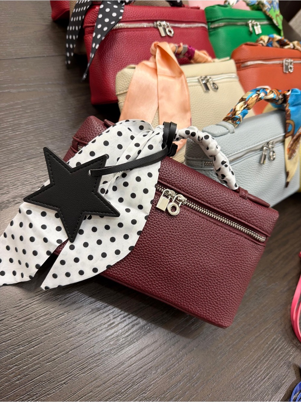 Women's Burgundy Leather Crossbody Bag with Polka Dot Scarf